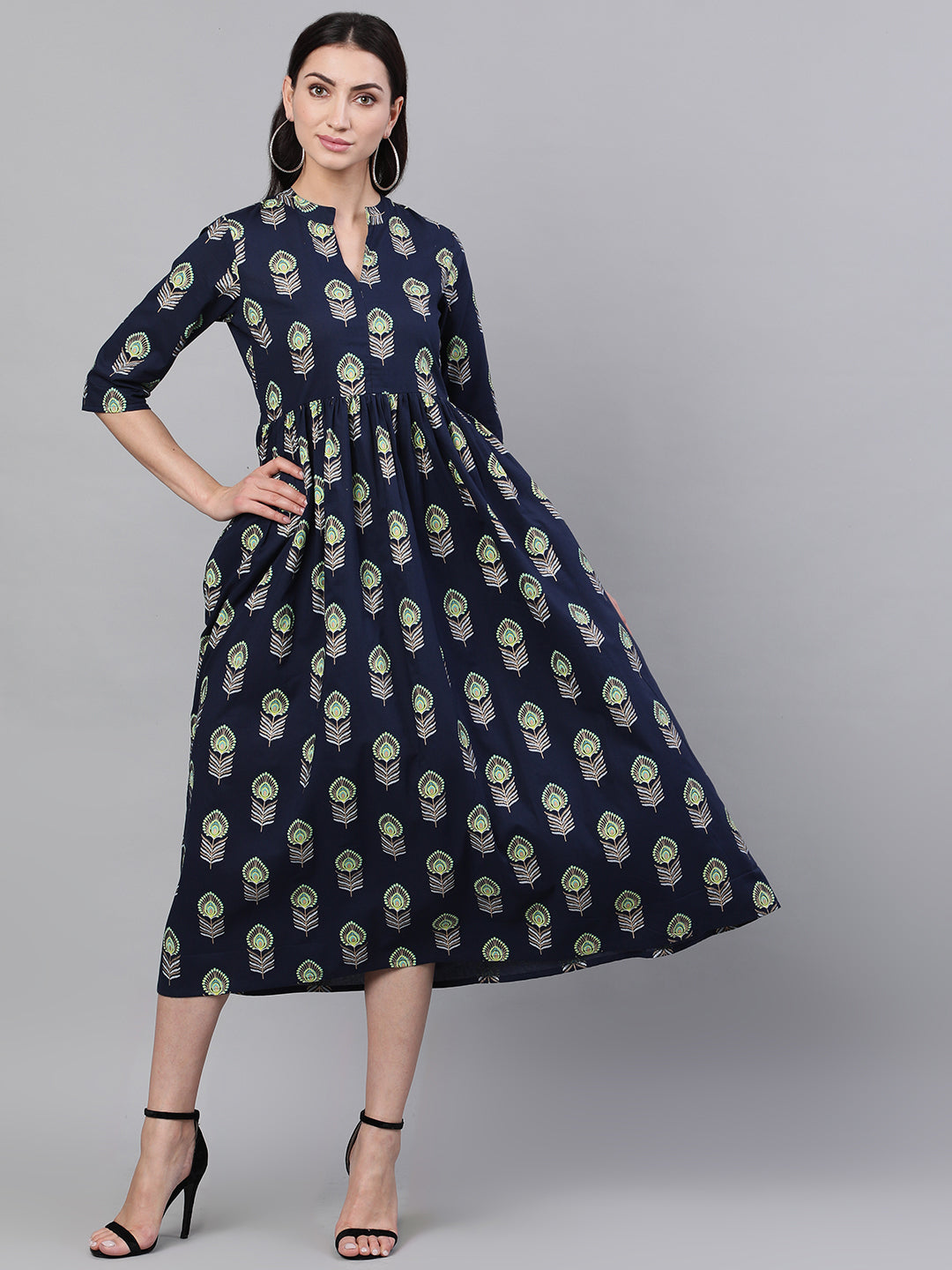 Women Navy Blue Ethnic Motifs Printed Mandarin Collar Cotton Maxi Dress | LASVINI - Redefining Indian Fashion with Elegance
