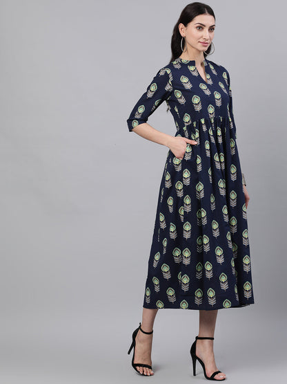 Women Navy Blue Ethnic Motifs Printed Mandarin Collar Cotton Maxi Dress | LASVINI - Redefining Indian Fashion with Elegance