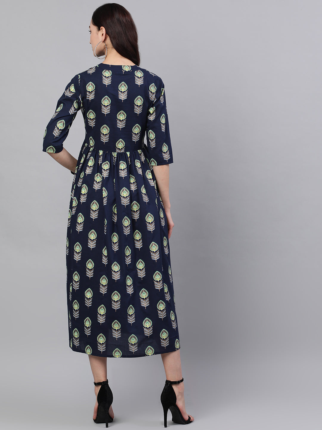 Women Navy Blue Ethnic Motifs Printed Mandarin Collar Cotton Maxi Dress | LASVINI - Redefining Indian Fashion with Elegance