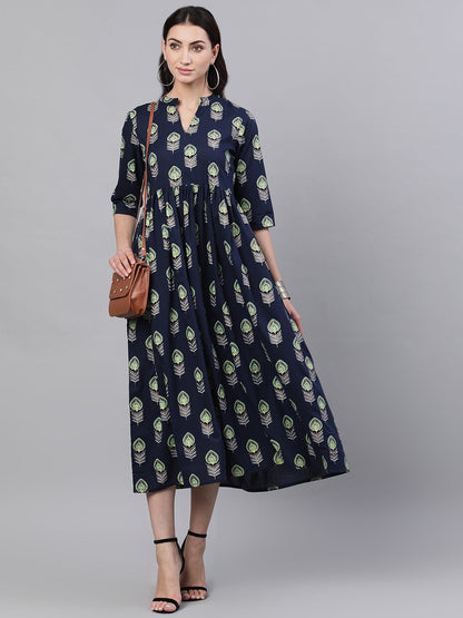 Women Navy Blue Ethnic Motifs Printed Mandarin Collar Cotton Maxi Dress | LASVINI - Redefining Indian Fashion with Elegance