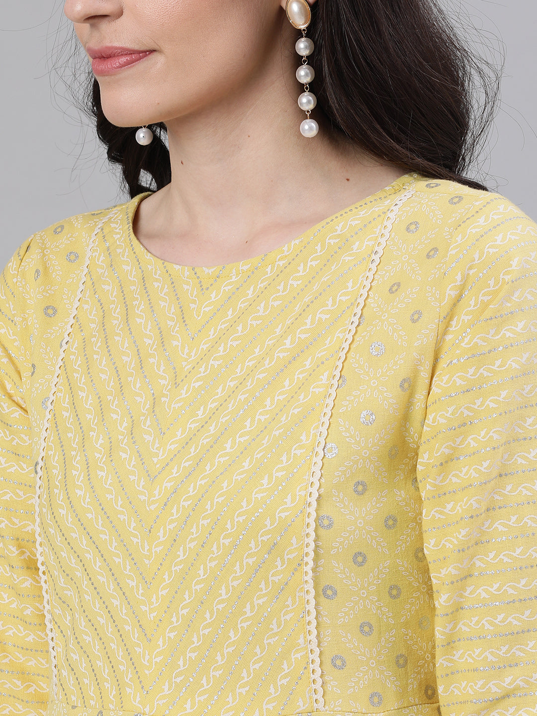 Women Lemon Yellow Ethnic Motifs Printed Round Neck Cotton Maxi Dress | LASVINI - Redefining Indian Fashion with Elegance