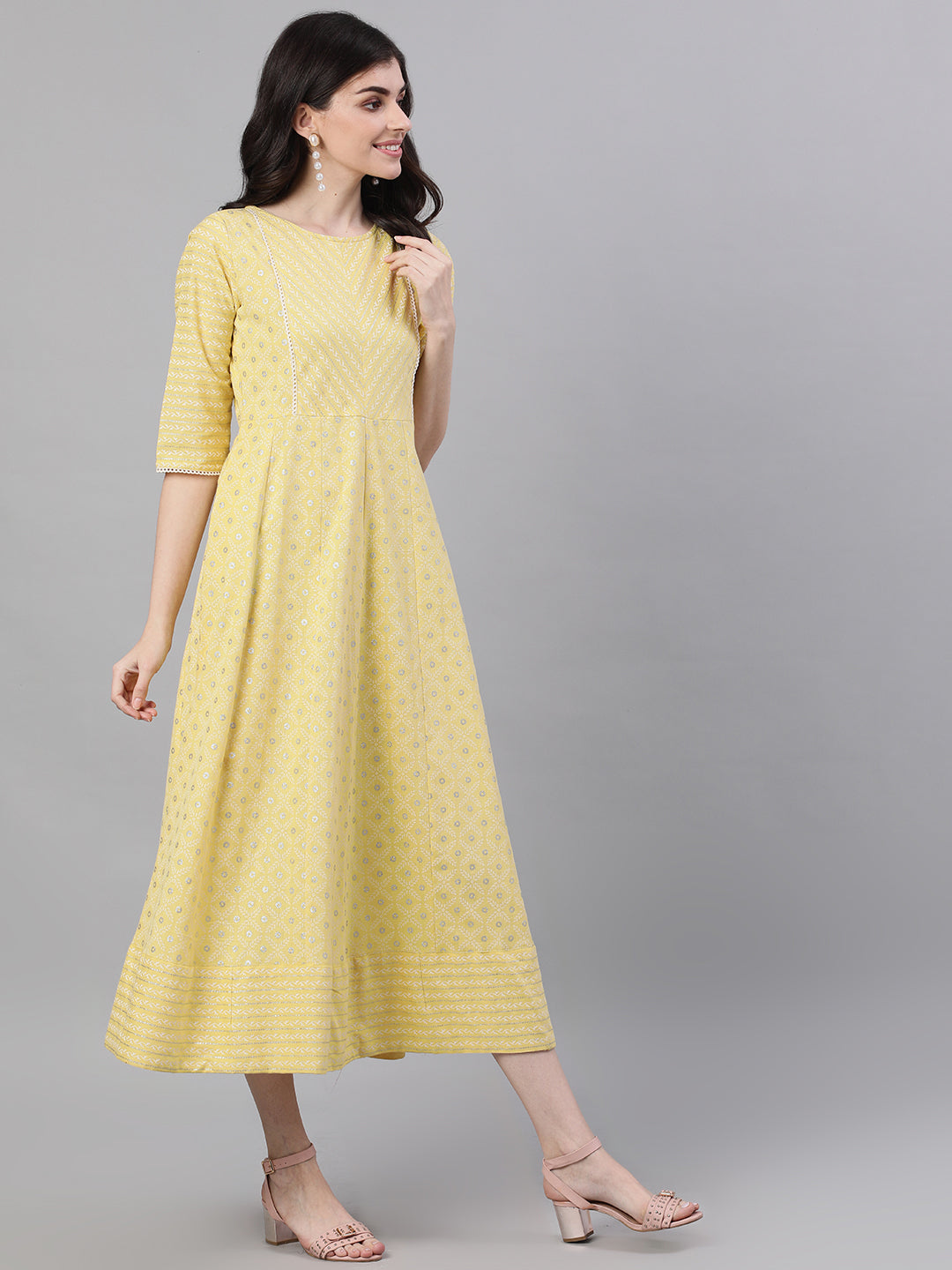 Women Lemon Yellow Ethnic Motifs Printed Round Neck Cotton Maxi Dress | LASVINI - Redefining Indian Fashion with Elegance