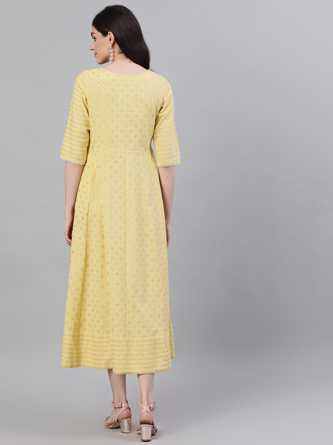 Women Lemon Yellow Ethnic Motifs Printed Round Neck Cotton Maxi Dress | LASVINI - Redefining Indian Fashion with Elegance
