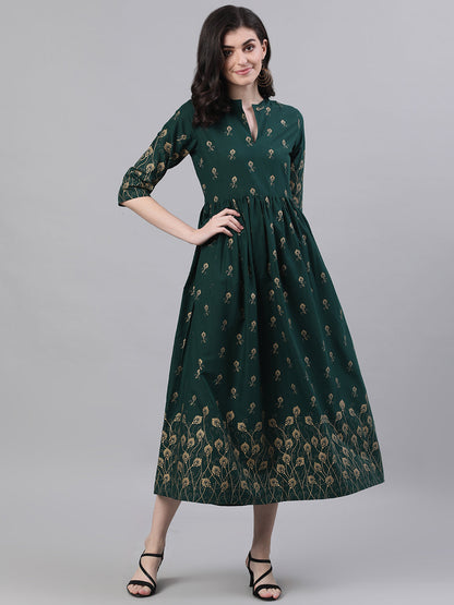 Women Green Ethnic Motifs Printed Mandarin Collar Cotton Maxi Dress | LASVINI - Redefining Indian Fashion with Elegance