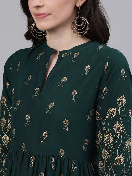 Women Green Ethnic Motifs Printed Mandarin Collar Cotton Maxi Dress | LASVINI - Redefining Indian Fashion with Elegance