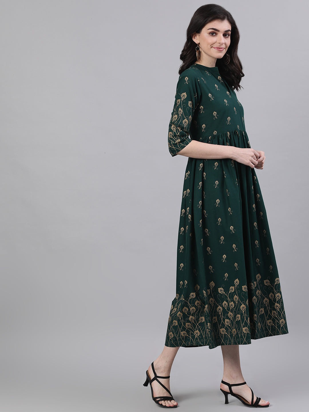 Women Green Ethnic Motifs Printed Mandarin Collar Cotton Maxi Dress | LASVINI - Redefining Indian Fashion with Elegance