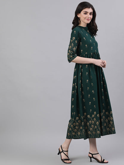 Women Green Ethnic Motifs Printed Mandarin Collar Cotton Maxi Dress | LASVINI - Redefining Indian Fashion with Elegance