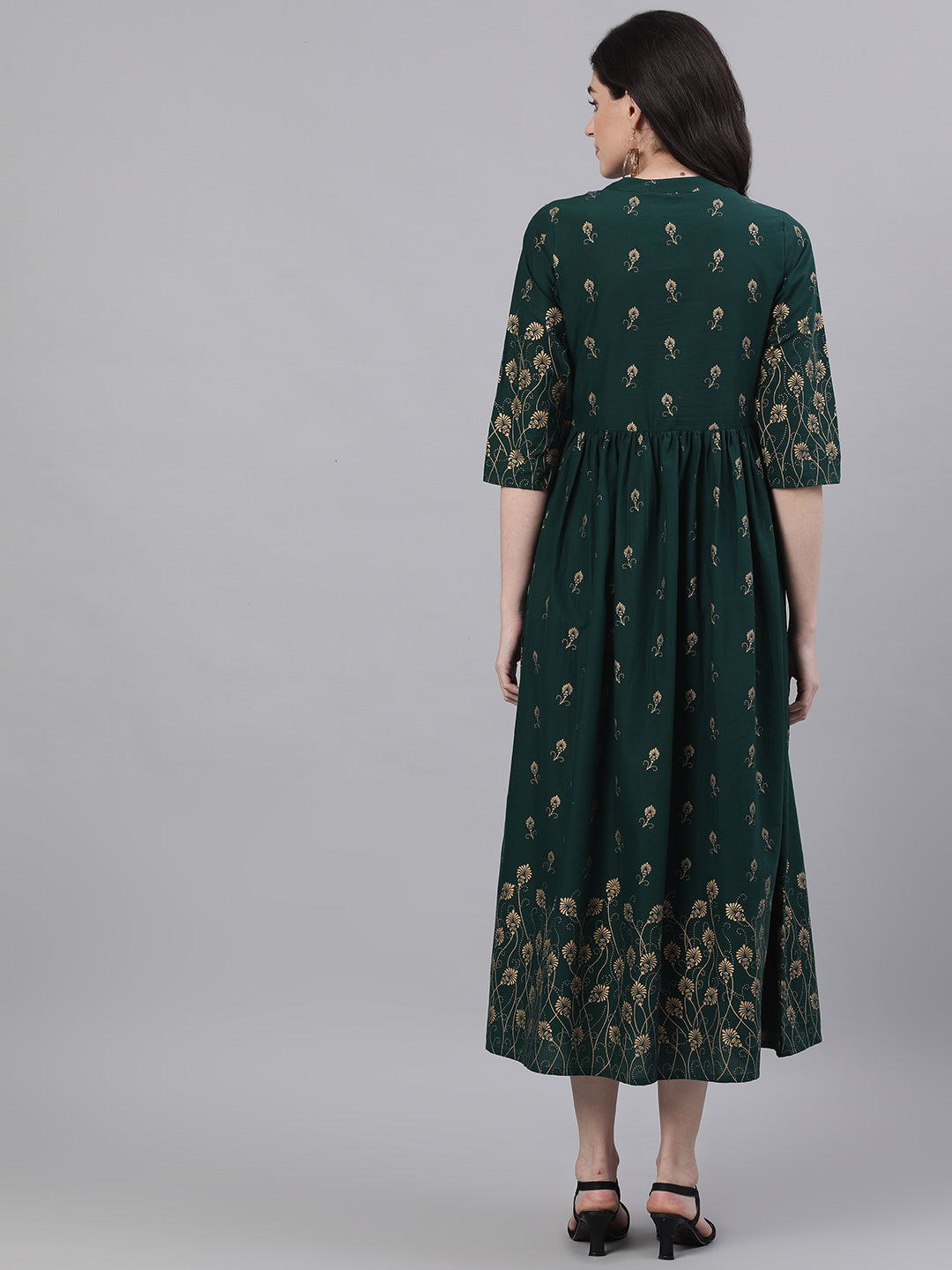 Women Green Ethnic Motifs Printed Mandarin Collar Cotton Maxi Dress | LASVINI - Redefining Indian Fashion with Elegance