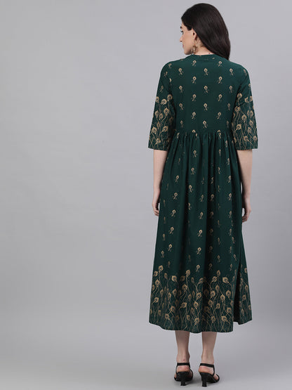 Women Green Ethnic Motifs Printed Mandarin Collar Cotton Maxi Dress | LASVINI - Redefining Indian Fashion with Elegance