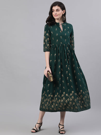 Women Green Ethnic Motifs Printed Mandarin Collar Cotton Maxi Dress | LASVINI - Redefining Indian Fashion with Elegance