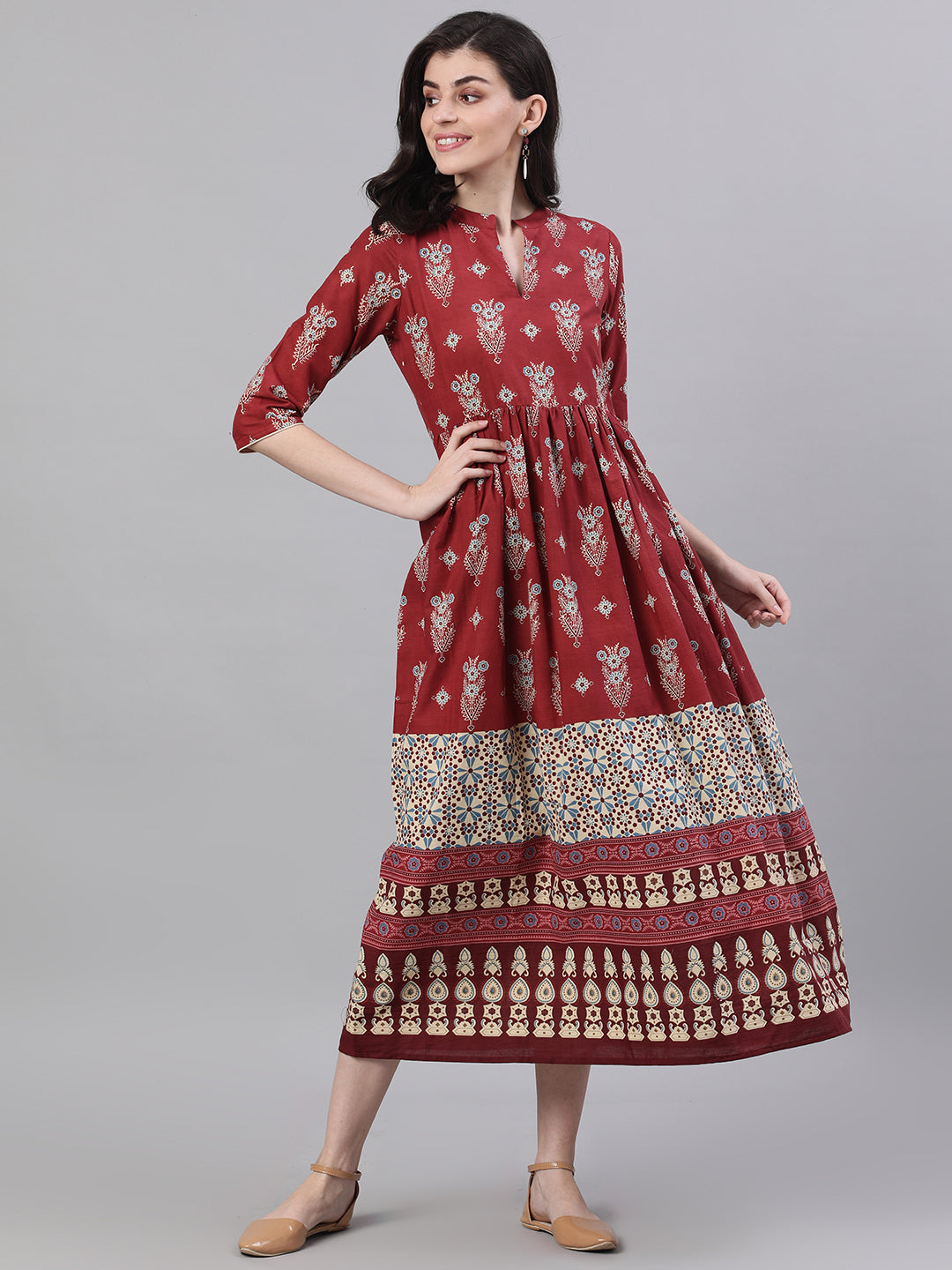 Women Maroon Ethnic Motifs Printed Mandarin Collar Cotton Maxi Dress | LASVINI - Redefining Indian Fashion with Elegance