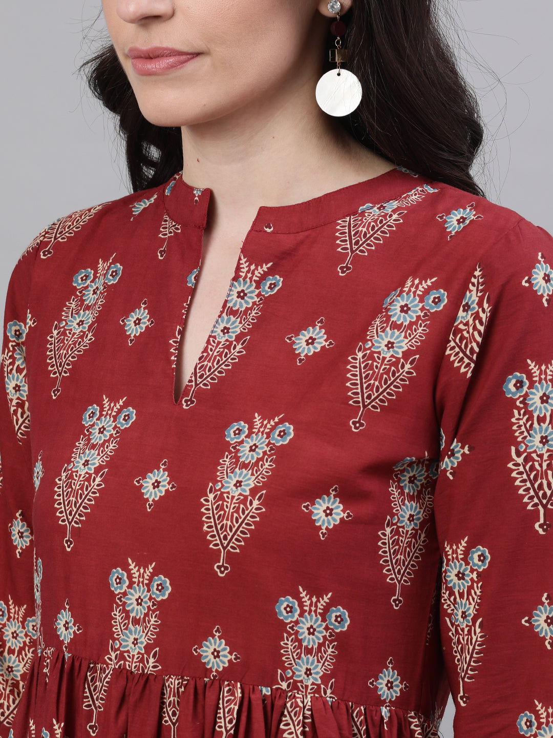 Women Maroon Ethnic Motifs Printed Mandarin Collar Cotton Maxi Dress | LASVINI - Redefining Indian Fashion with Elegance