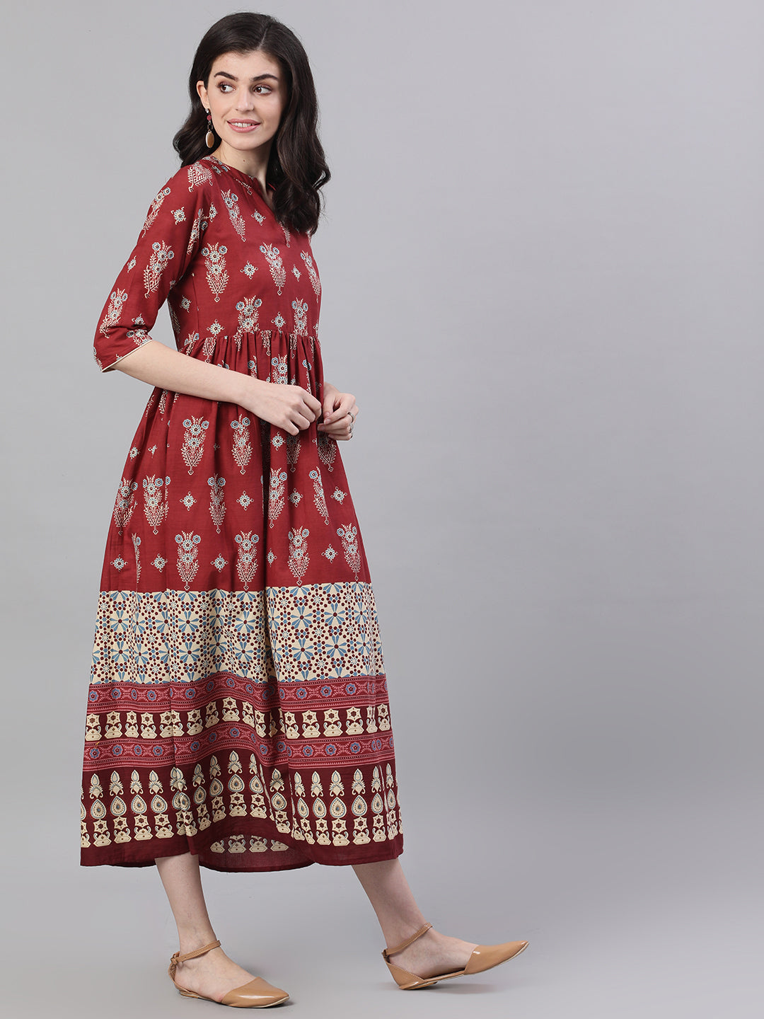 Women Maroon Ethnic Motifs Printed Mandarin Collar Cotton Maxi Dress | LASVINI - Redefining Indian Fashion with Elegance
