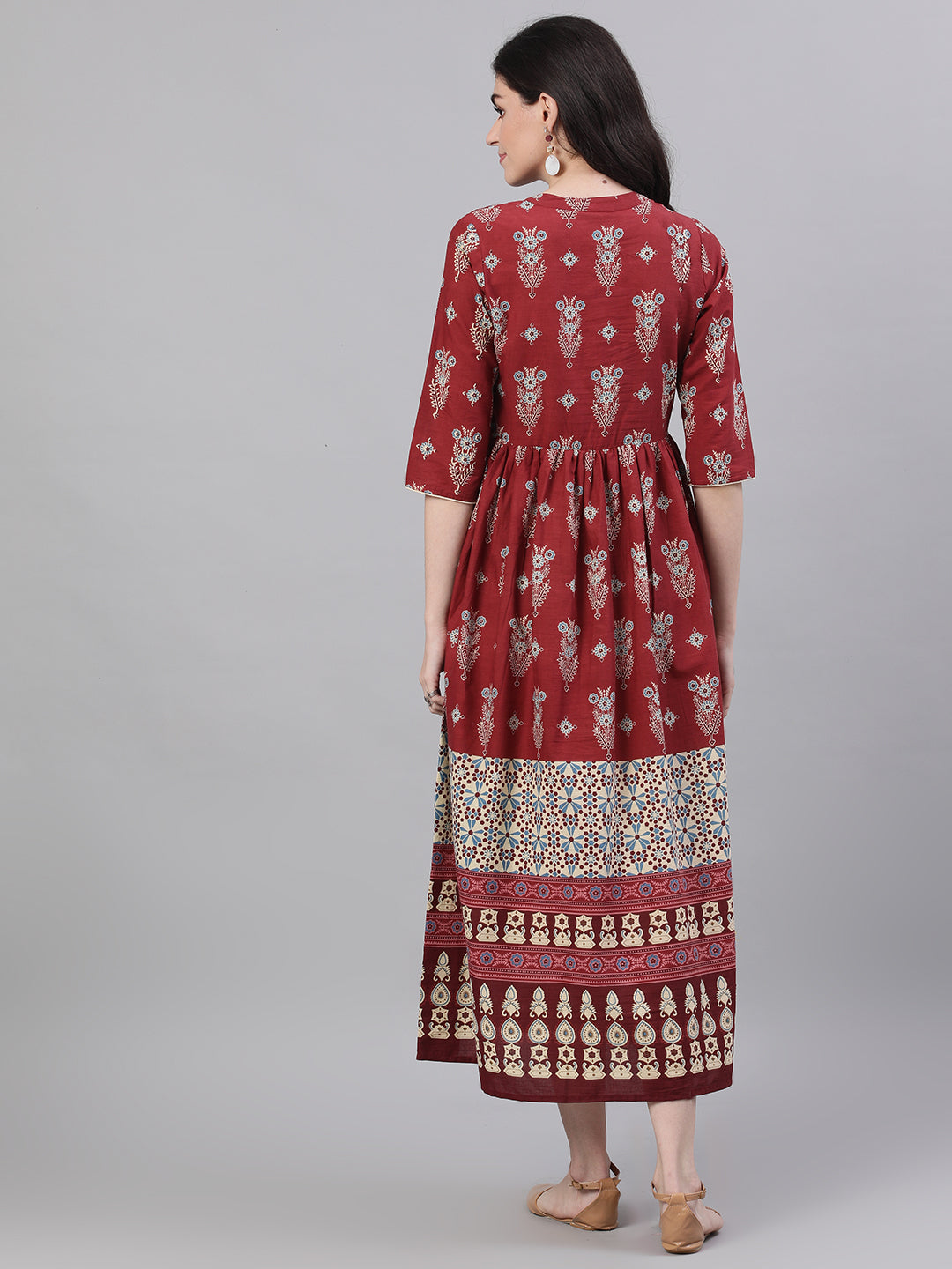Women Maroon Ethnic Motifs Printed Mandarin Collar Cotton Maxi Dress | LASVINI - Redefining Indian Fashion with Elegance