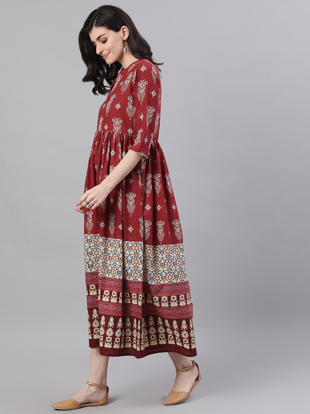 Women Maroon Ethnic Motifs Printed Mandarin Collar Cotton Maxi Dress | LASVINI - Redefining Indian Fashion with Elegance