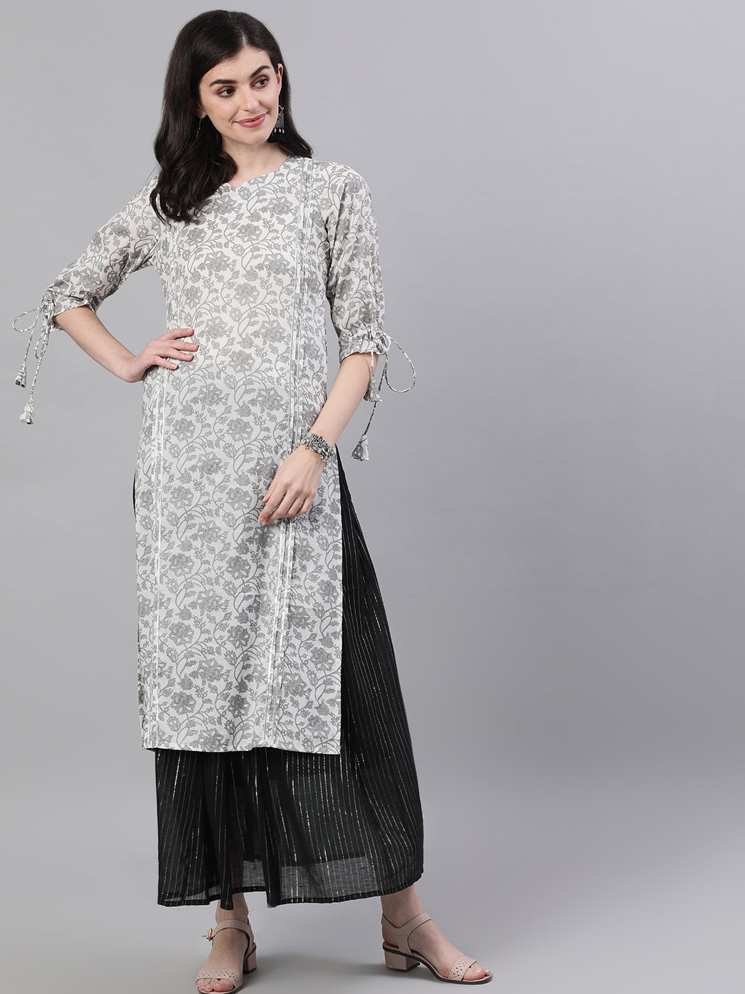 Women White Calf Length Three-Quarter Sleeves Straight Floral Printed Cotton Kurta | LASVINI - Redefining Indian Fashion with Elegance