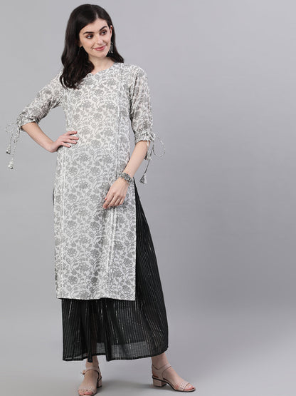 Women White Calf Length Three-Quarter Sleeves Straight Floral Printed Cotton Kurta | LASVINI - Redefining Indian Fashion with Elegance