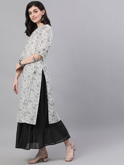 Women White Calf Length Three-Quarter Sleeves Straight Floral Printed Cotton Kurta | LASVINI - Redefining Indian Fashion with Elegance