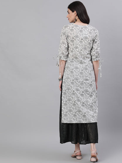 Women White Calf Length Three-Quarter Sleeves Straight Floral Printed Cotton Kurta | LASVINI - Redefining Indian Fashion with Elegance