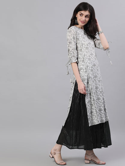 Women White Calf Length Three-Quarter Sleeves Straight Floral Printed Cotton Kurta | LASVINI - Redefining Indian Fashion with Elegance
