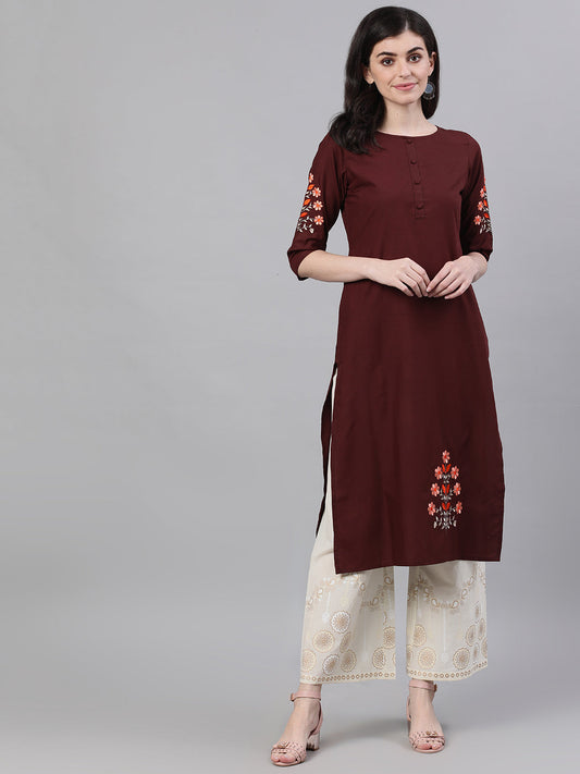 Women Chocolate Brown Calf Length Three-Quarter Sleeves Straight Solid Embroidered Silk Kurta | LASVINI - Redefining Indian Fashion with Elegance