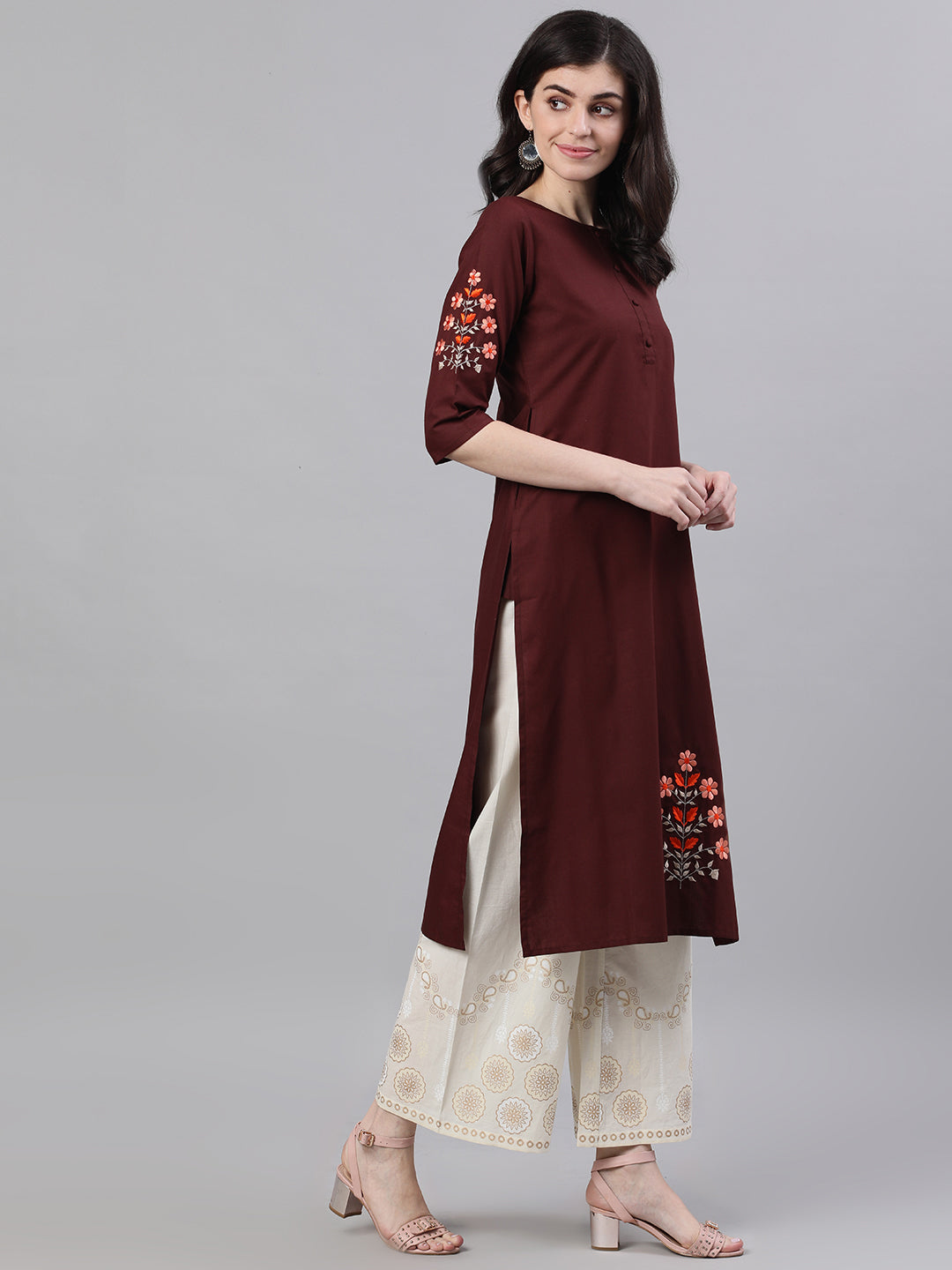 Women Chocolate Brown Calf Length Three-Quarter Sleeves Straight Solid Embroidered Silk Kurta | LASVINI - Redefining Indian Fashion with Elegance