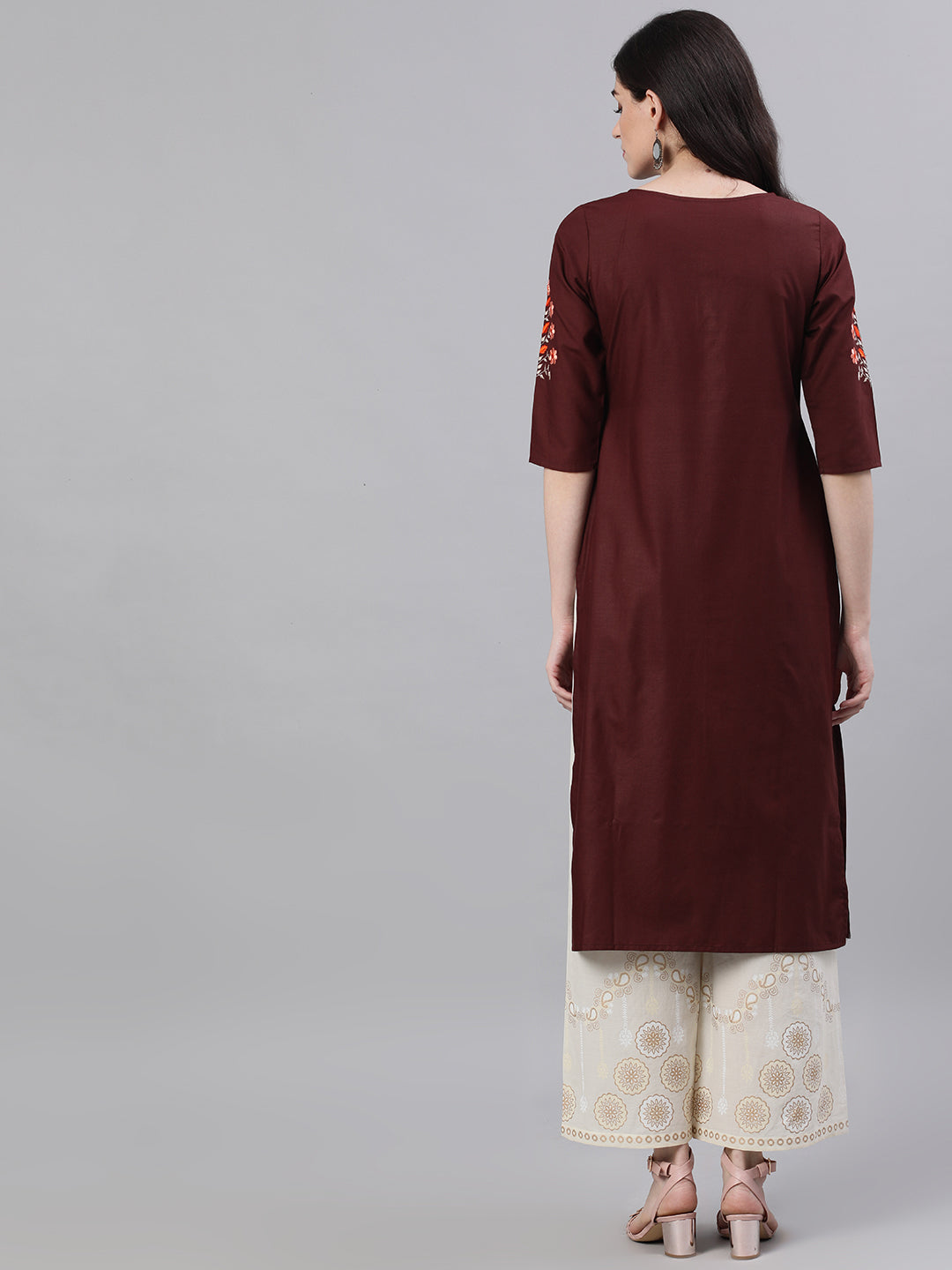 Women Chocolate Brown Calf Length Three-Quarter Sleeves Straight Solid Embroidered Silk Kurta | LASVINI - Redefining Indian Fashion with Elegance