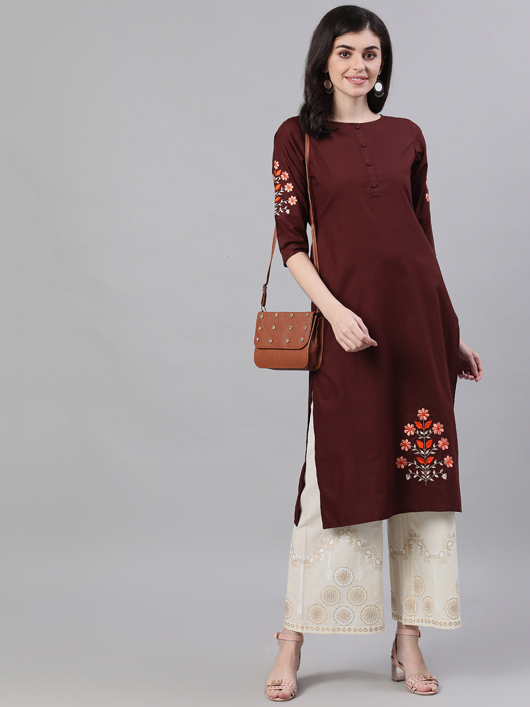 Women Chocolate Brown Calf Length Three-Quarter Sleeves Straight Solid Embroidered Silk Kurta | LASVINI - Redefining Indian Fashion with Elegance