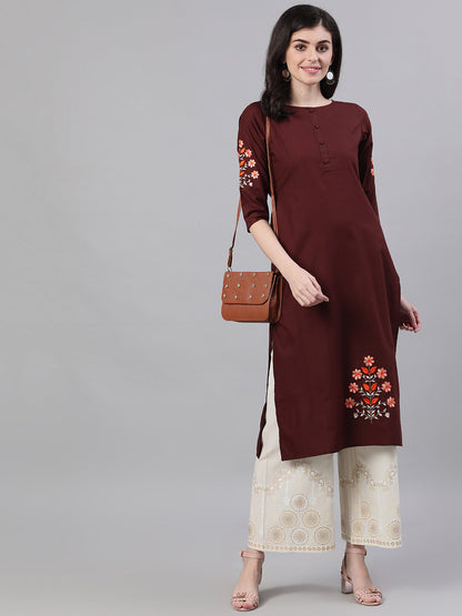 Women Chocolate Brown Calf Length Three-Quarter Sleeves Straight Solid Embroidered Silk Kurta | LASVINI - Redefining Indian Fashion with Elegance