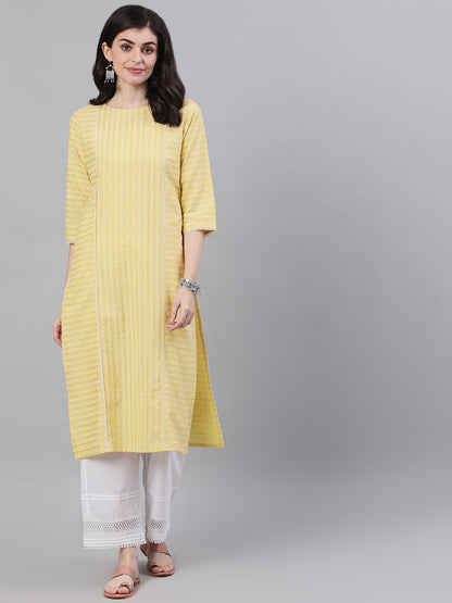 Women Lime Yellow Calf Length Three-Quarter Sleeves Straight Striped Striped Cotton Kurta | LASVINI - Redefining Indian Fashion with Elegance