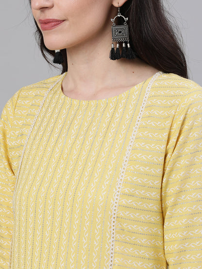 Women Lime Yellow Calf Length Three-Quarter Sleeves Straight Striped Striped Cotton Kurta | LASVINI - Redefining Indian Fashion with Elegance