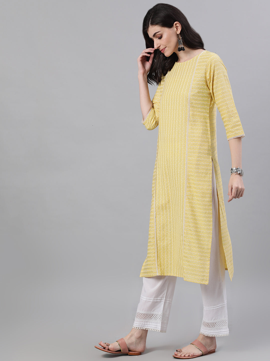 Women Lime Yellow Calf Length Three-Quarter Sleeves Straight Striped Striped Cotton Kurta | LASVINI - Redefining Indian Fashion with Elegance