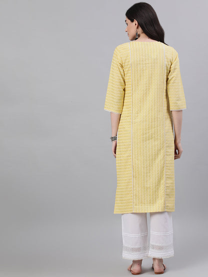 Women Lime Yellow Calf Length Three-Quarter Sleeves Straight Striped Striped Cotton Kurta | LASVINI - Redefining Indian Fashion with Elegance