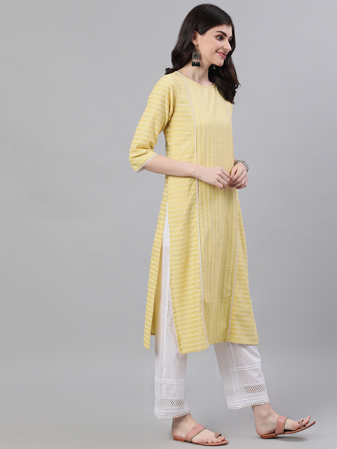 Women Lime Yellow Calf Length Three-Quarter Sleeves Straight Striped Striped Cotton Kurta | LASVINI - Redefining Indian Fashion with Elegance