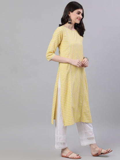 Women Lime Yellow Calf Length Three-Quarter Sleeves Straight Striped Striped Cotton Kurta | LASVINI - Redefining Indian Fashion with Elegance