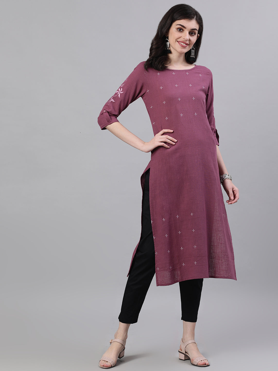 Women Purple Calf Length Three-Quarter Sleeves Straight Solid Solid Cotton Kurta | LASVINI - Redefining Indian Fashion with Elegance