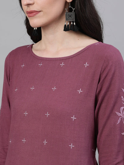 Women Purple Calf Length Three-Quarter Sleeves Straight Solid Solid Cotton Kurta | LASVINI - Redefining Indian Fashion with Elegance