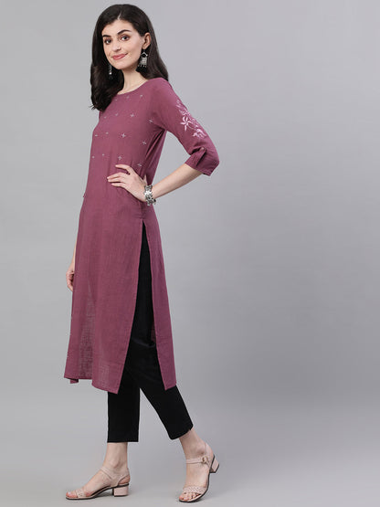 Women Purple Calf Length Three-Quarter Sleeves Straight Solid Solid Cotton Kurta | LASVINI - Redefining Indian Fashion with Elegance