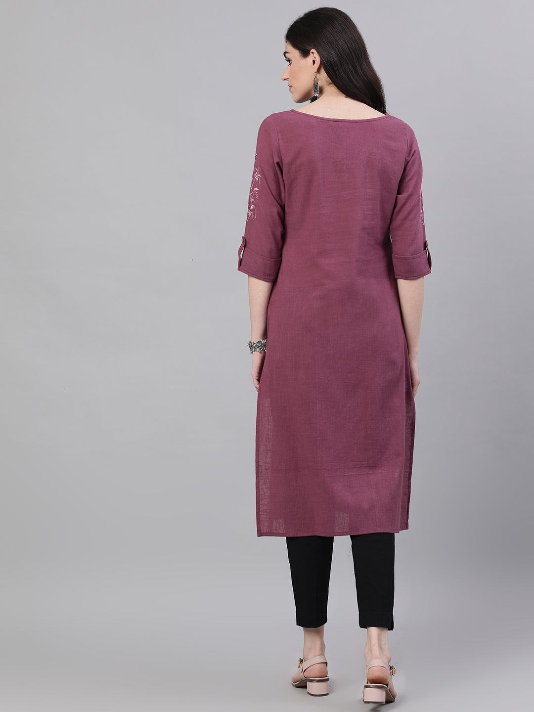 Women Purple Calf Length Three-Quarter Sleeves Straight Solid Solid Cotton Kurta | LASVINI - Redefining Indian Fashion with Elegance