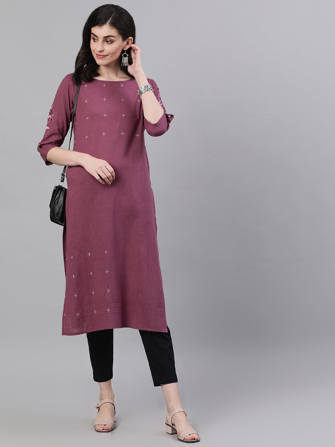 Women Purple Calf Length Three-Quarter Sleeves Straight Solid Solid Cotton Kurta | LASVINI - Redefining Indian Fashion with Elegance