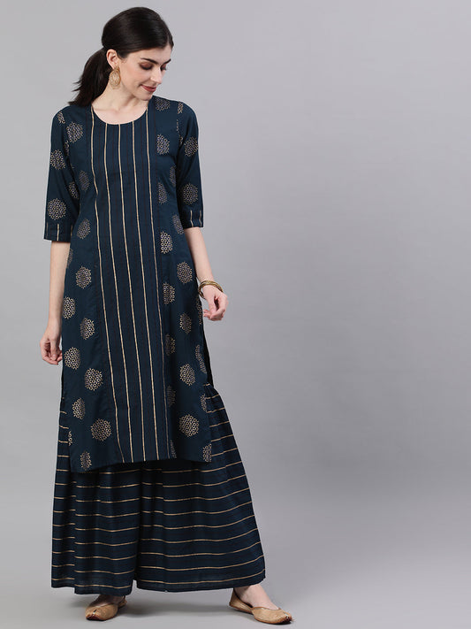 Women Navy Blue Three-Quarter Sleeves Straight Kurta And Palazzo Set | LASVINI - Redefining Indian Fashion with Elegance