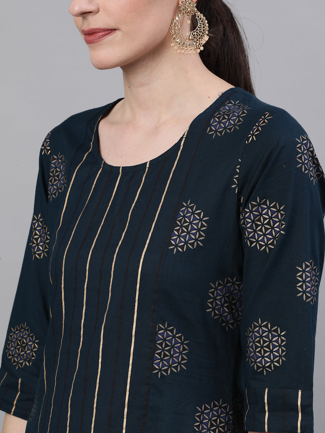 Women Navy Blue Three-Quarter Sleeves Straight Kurta And Palazzo Set | LASVINI - Redefining Indian Fashion with Elegance