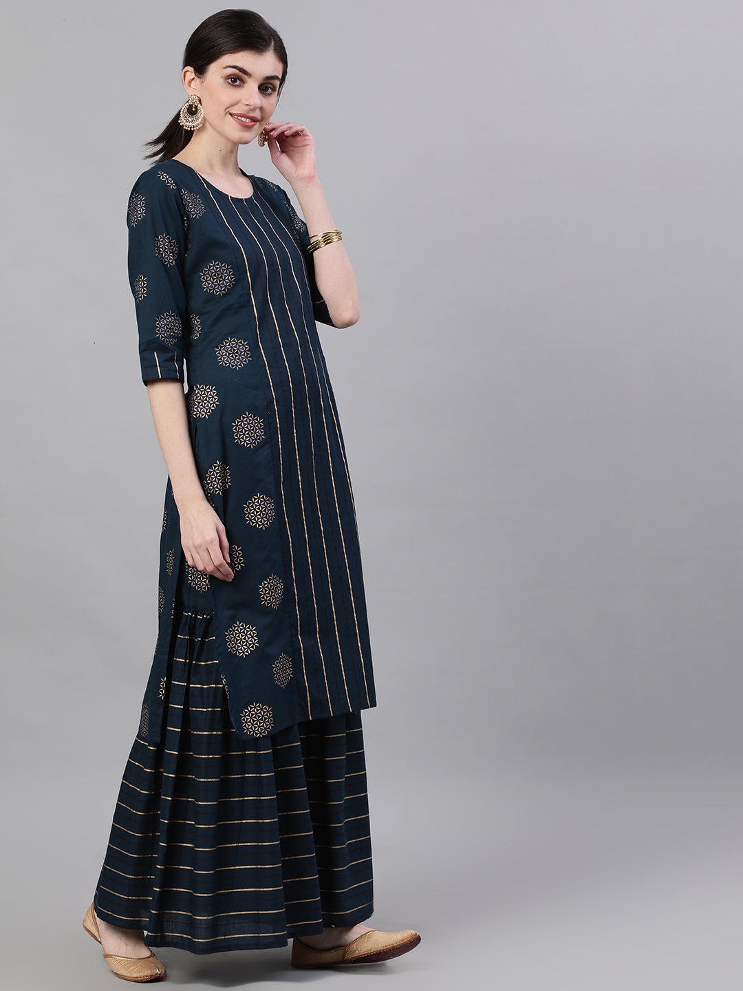 Women Navy Blue Three-Quarter Sleeves Straight Kurta And Palazzo Set | LASVINI - Redefining Indian Fashion with Elegance