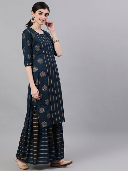 Women Navy Blue Three-Quarter Sleeves Straight Kurta And Palazzo Set | LASVINI - Redefining Indian Fashion with Elegance