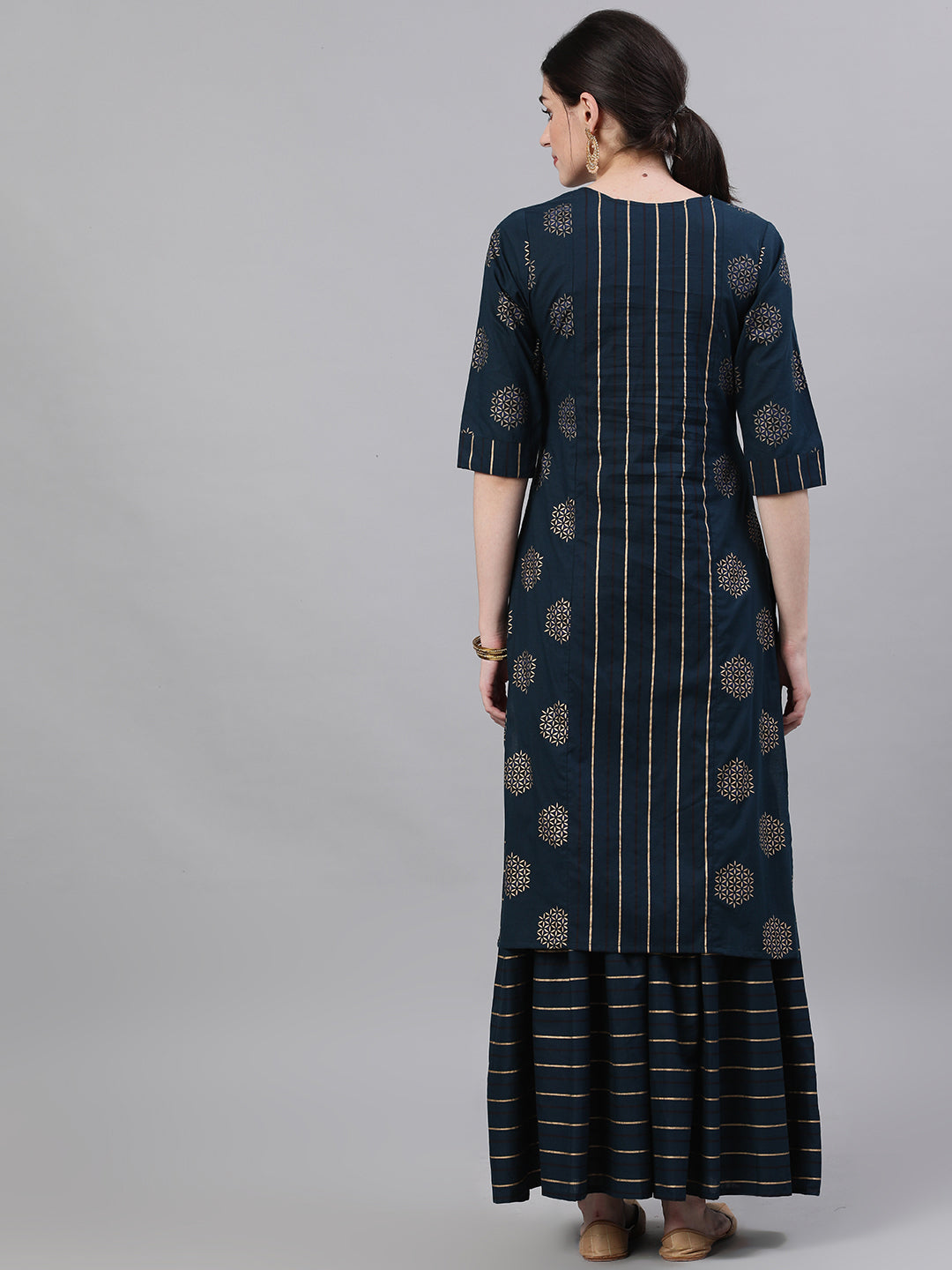 Women Navy Blue Three-Quarter Sleeves Straight Kurta And Palazzo Set | LASVINI - Redefining Indian Fashion with Elegance