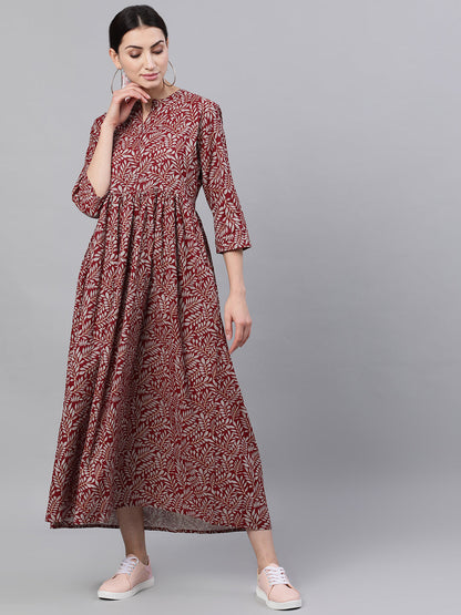 Women Maroon Floral Printed Mandarin Collar Cotton Maxi Dress | LASVINI - Redefining Indian Fashion with Elegance