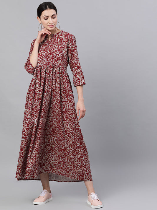 Women Maroon Floral Printed Mandarin Collar Cotton Maxi Dress | LASVINI - Redefining Indian Fashion with Elegance