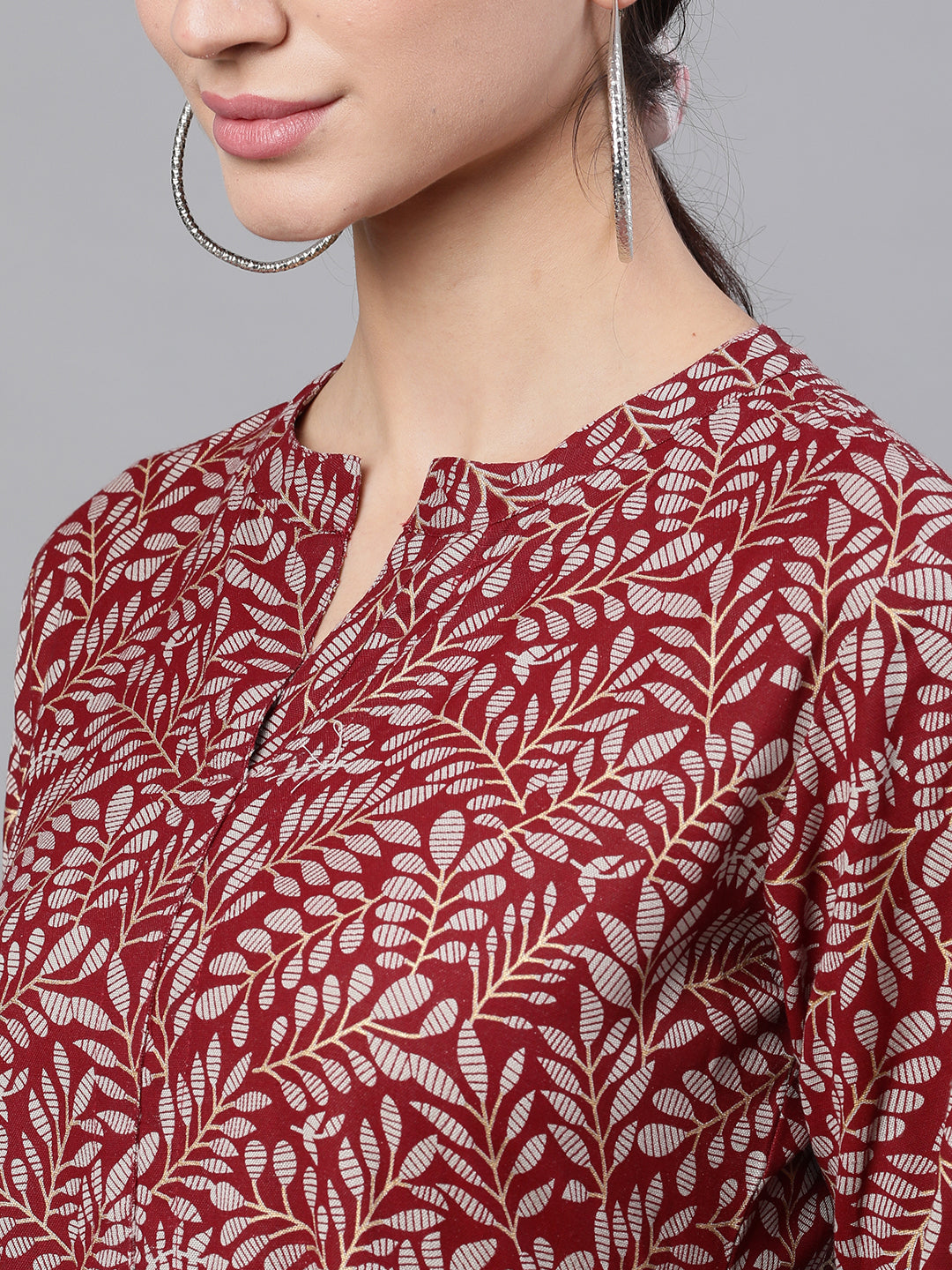 Women Maroon Floral Printed Mandarin Collar Cotton Maxi Dress | LASVINI - Redefining Indian Fashion with Elegance