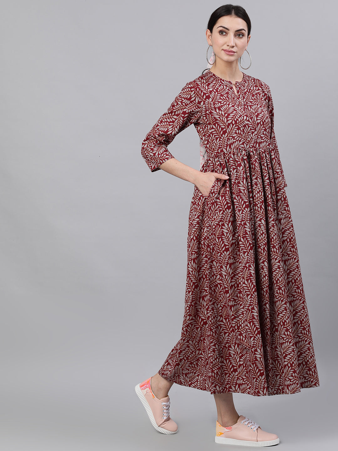 Women Maroon Floral Printed Mandarin Collar Cotton Maxi Dress | LASVINI - Redefining Indian Fashion with Elegance