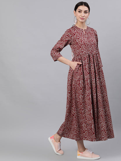 Women Maroon Floral Printed Mandarin Collar Cotton Maxi Dress | LASVINI - Redefining Indian Fashion with Elegance
